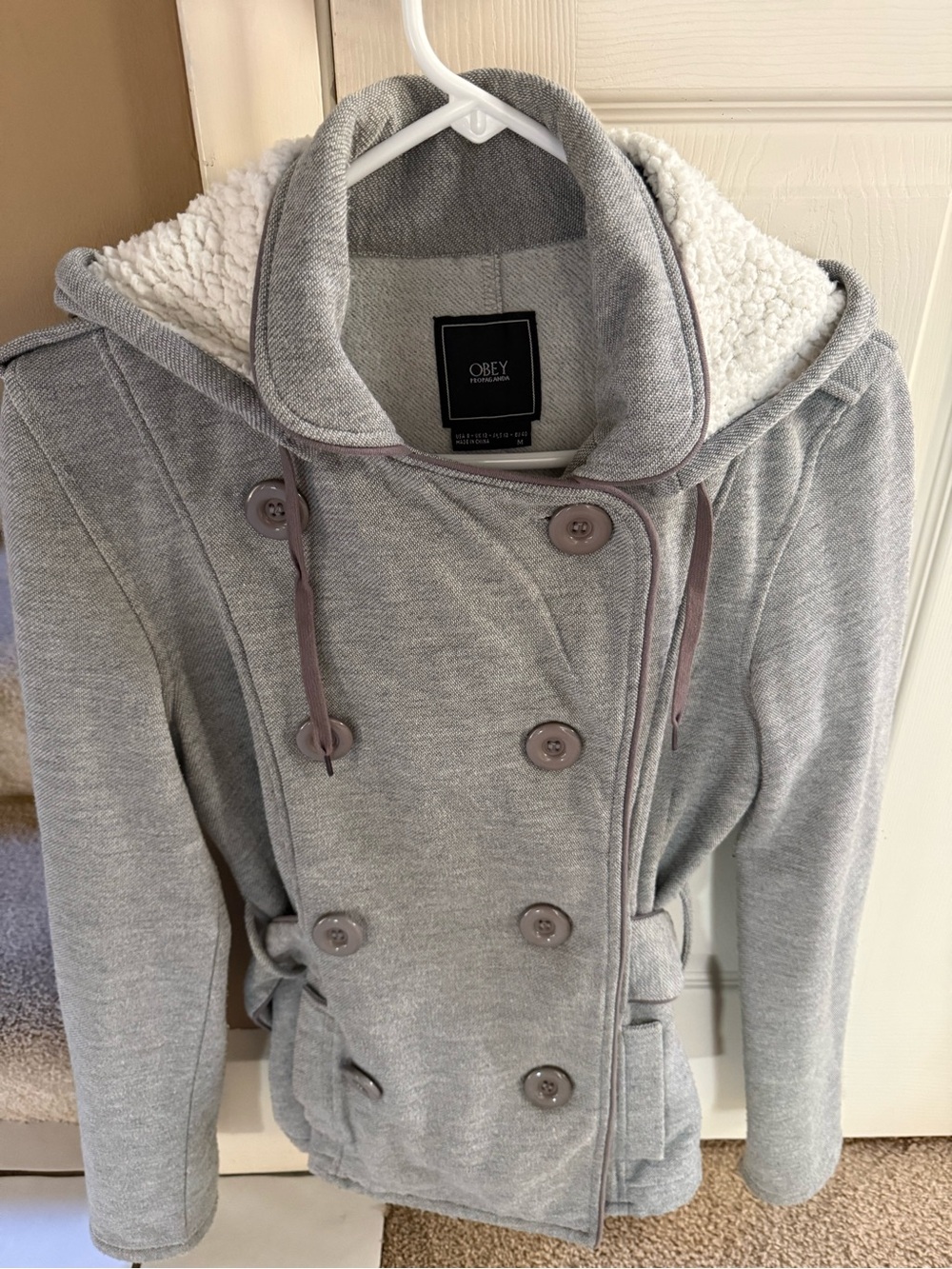 Obey Women's Light Gray Double-Breasted Sherpa Hoodie Coat